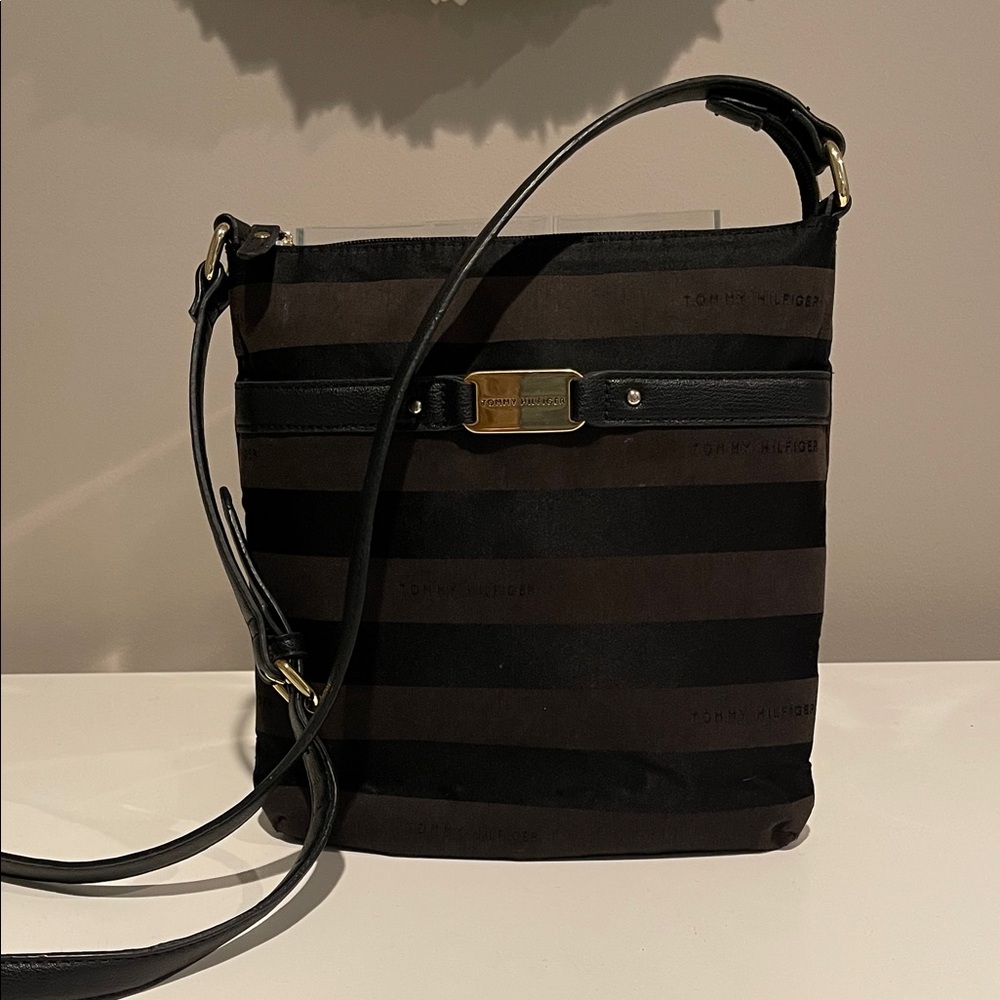 Tommy Hilfiger Black and Brown Striped Crossbody Bag